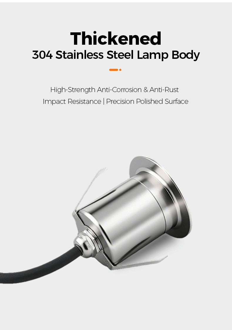 Stainless steel lamp body with text highlighting features on a white background