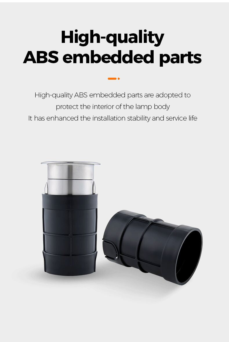 Two black cylindrical objects with a silver top on a white background, accompanied by text about high-quality ABS embedded parts.