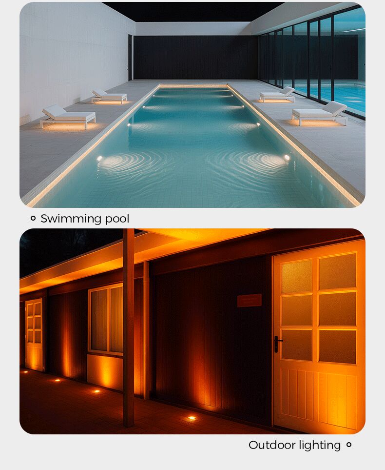 Top: Indoor pool with illuminated edges at night, Bottom: Exterior building with warm outdoor lighting