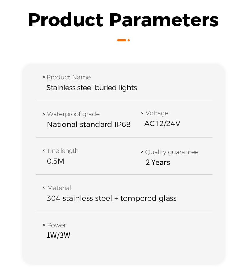 Product parameters for stainless steel buried lights on a white background