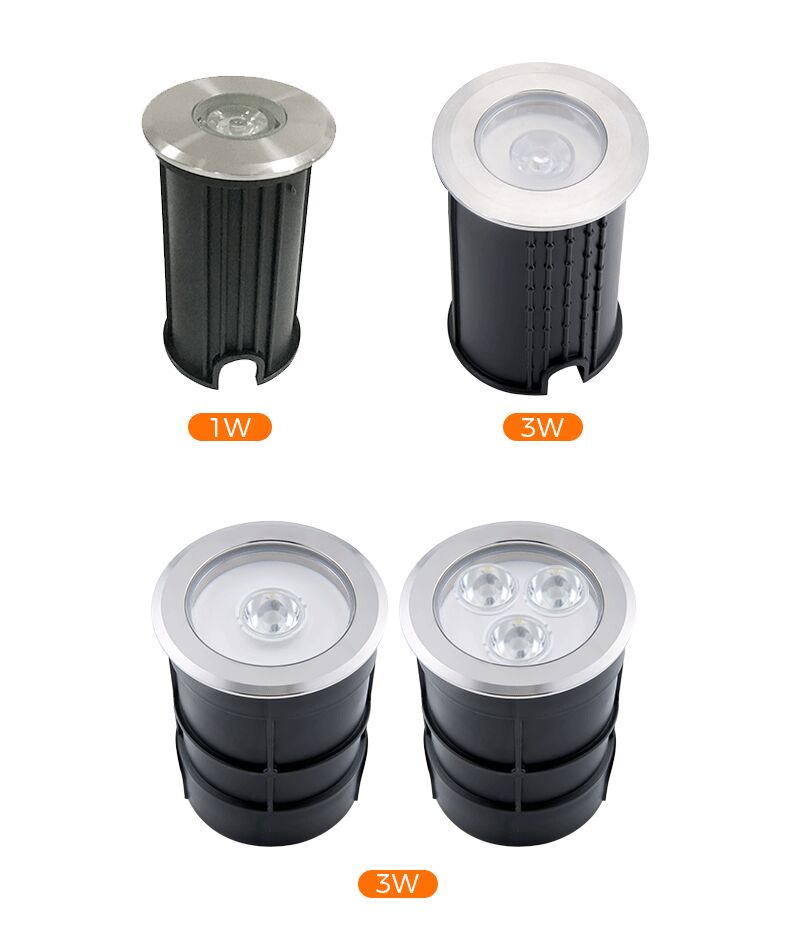 Four different sizes of LED lights on a white background