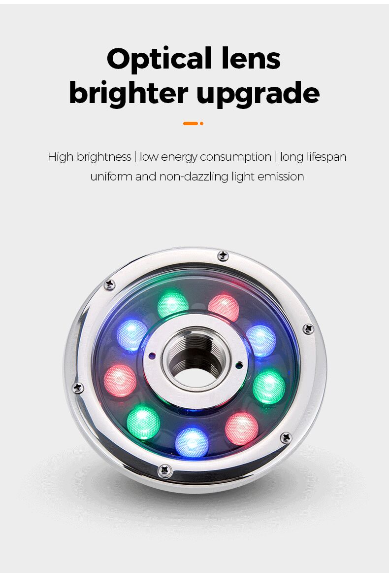 Optical lens with colorful LED lights on a white background, featuring text about brightness and energy consumption.