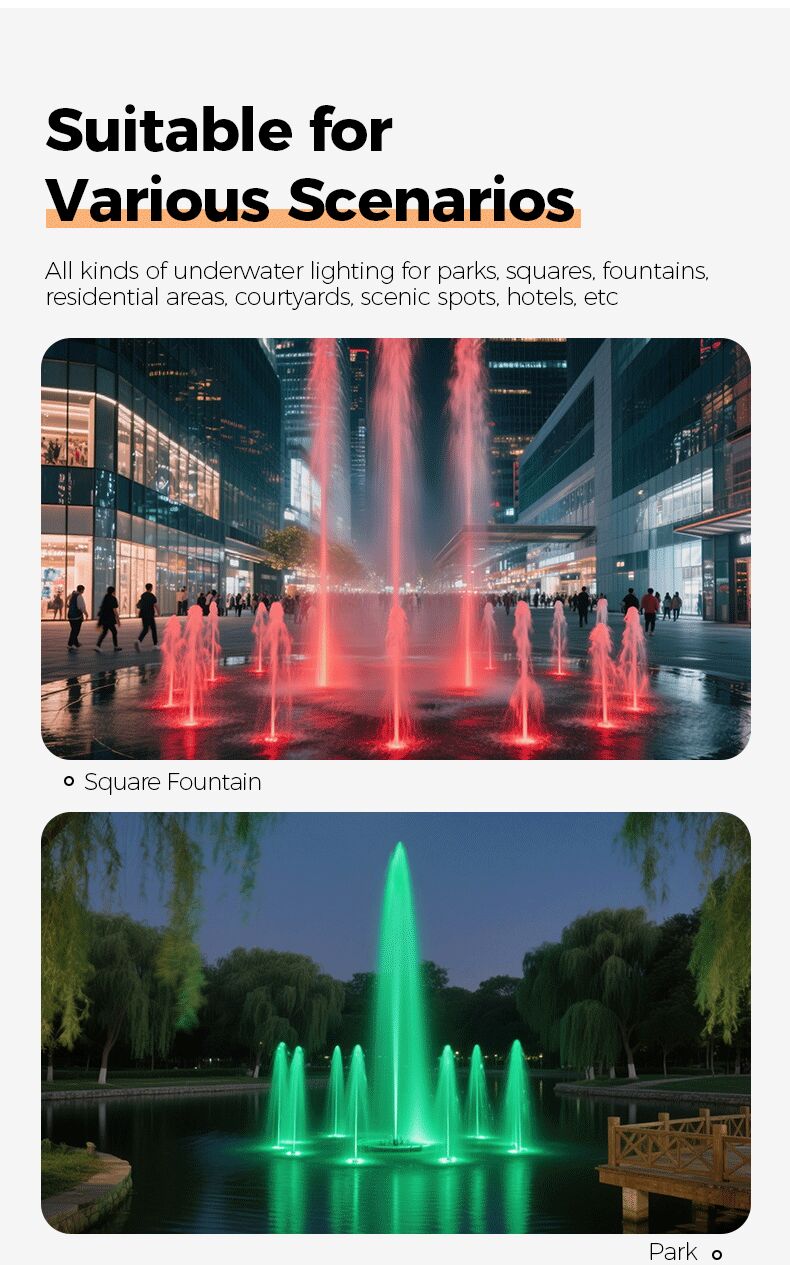 Underwater lighting for fountains in various settings with text indicating suitability for different scenarios.