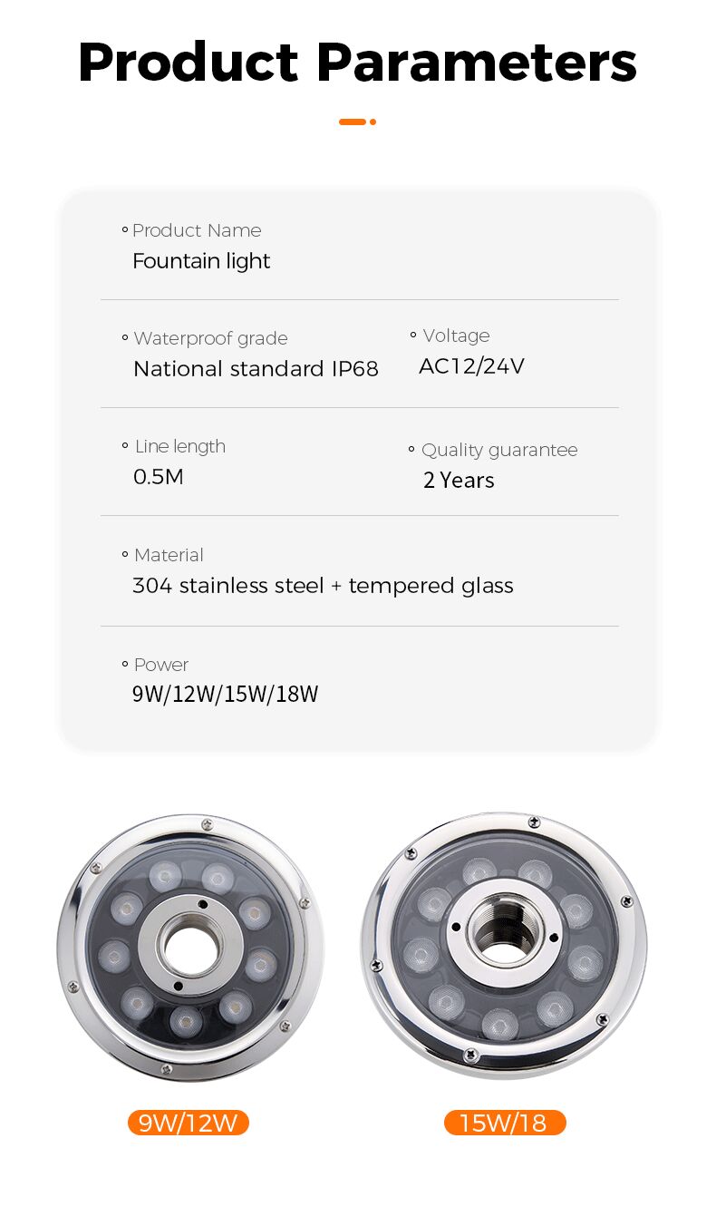 Product parameters of a fountain light with specifications and images on a white background.