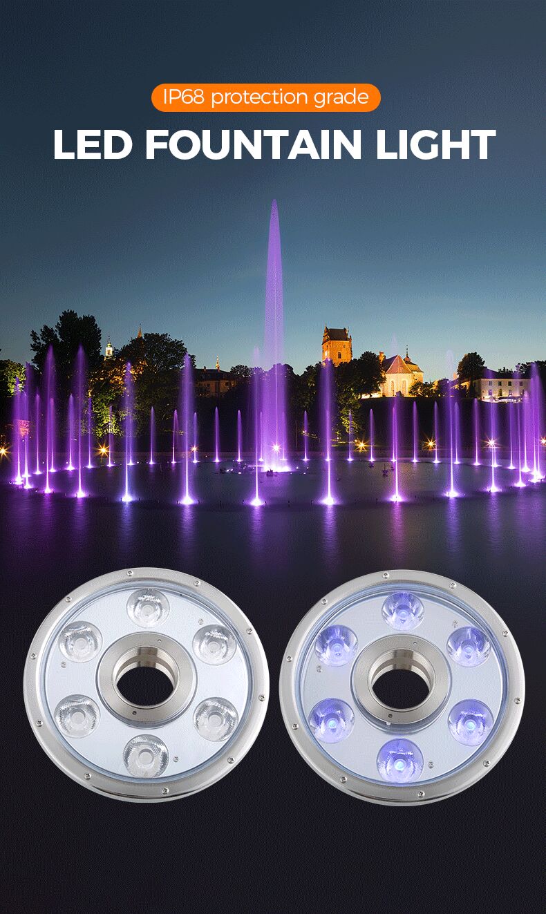 LED fountain light with two circular components in front of a fountain at night.