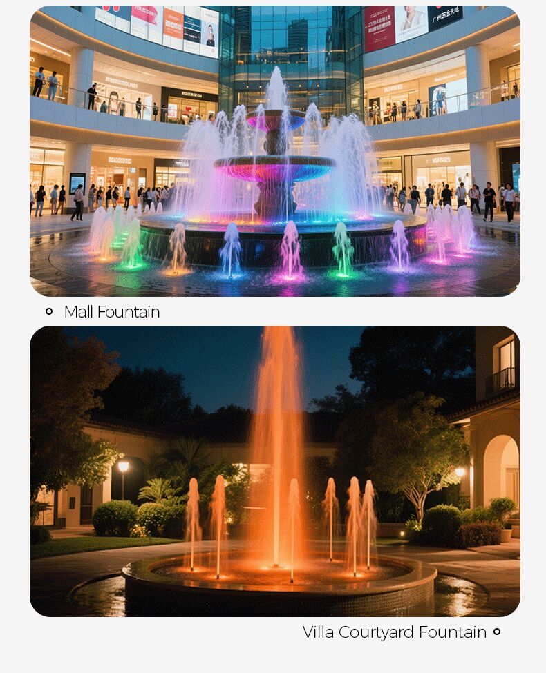 Fountain with colorful lights in a mall setting and another fountain with orange light in a villa courtyard.