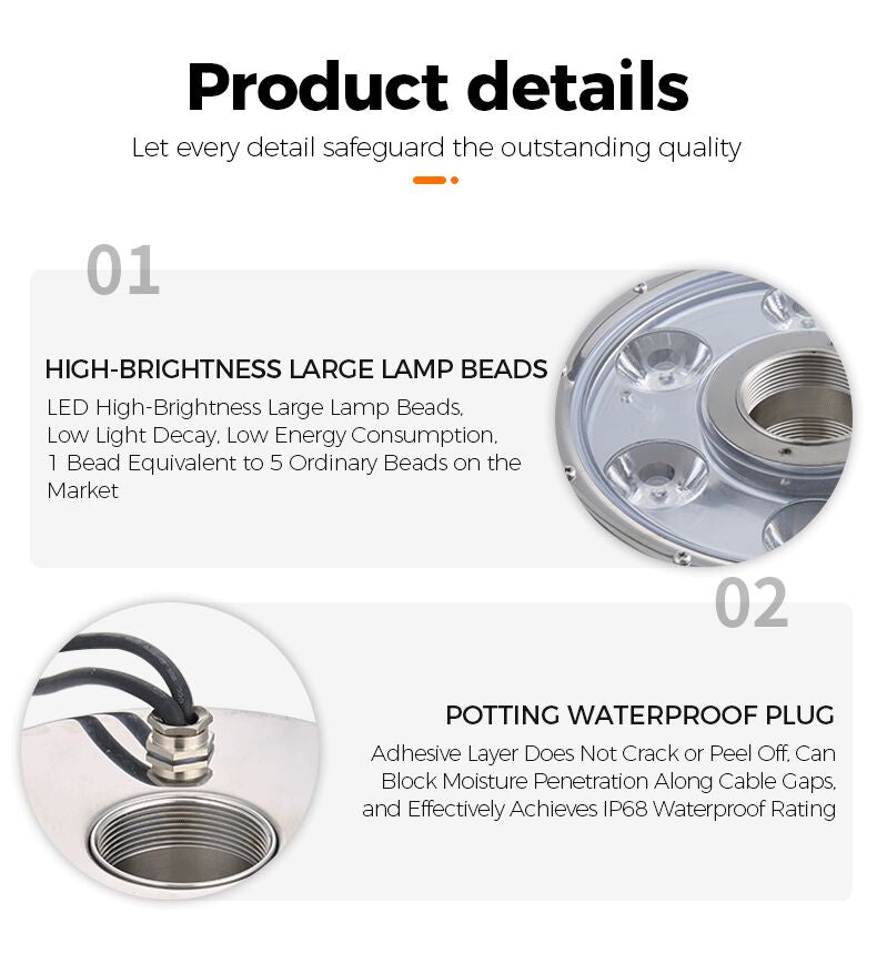Product details of a high-brightness large lamp bead with potting waterproof plug on a white background.