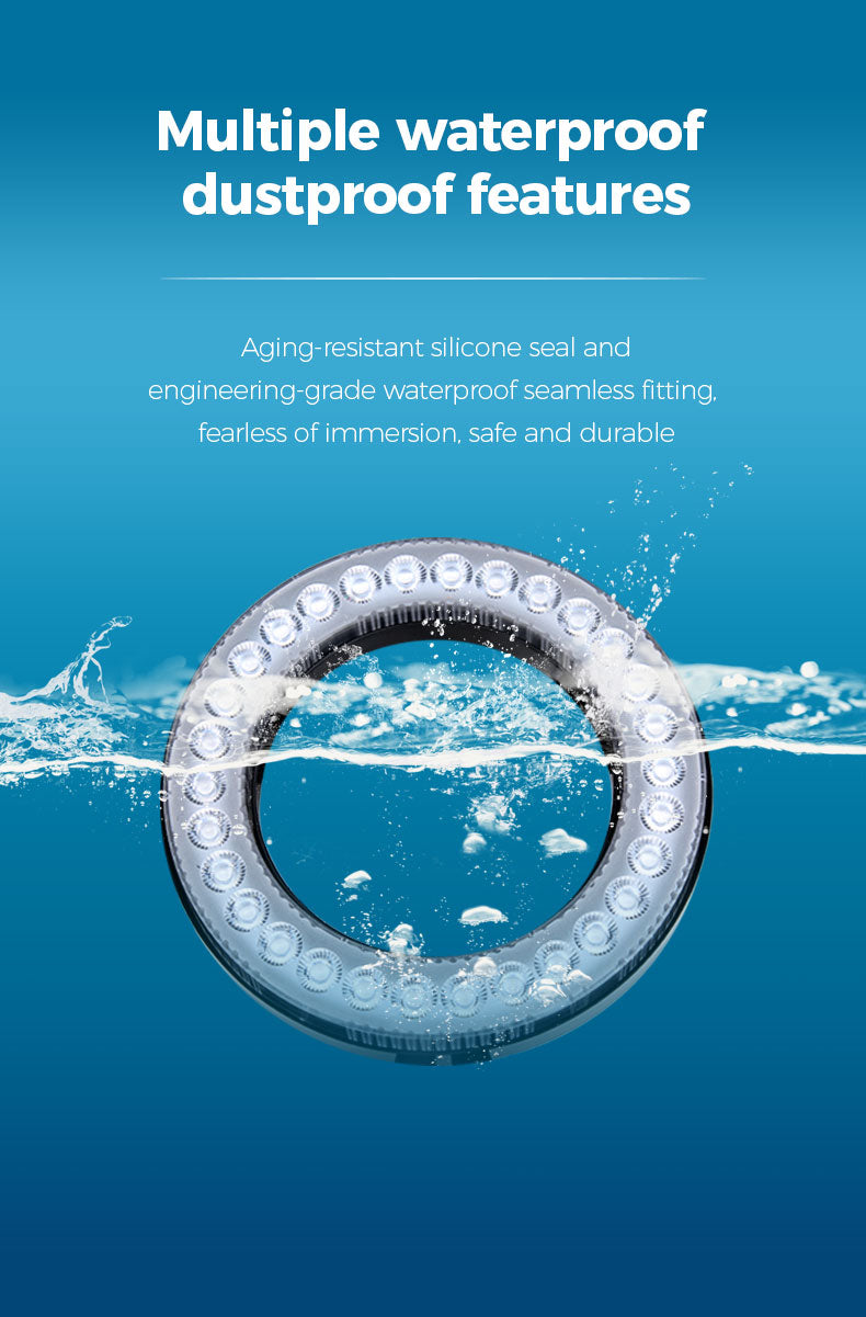Waterproof sealant ring with water splashes on a blue background, text about waterproof and dustproof features.