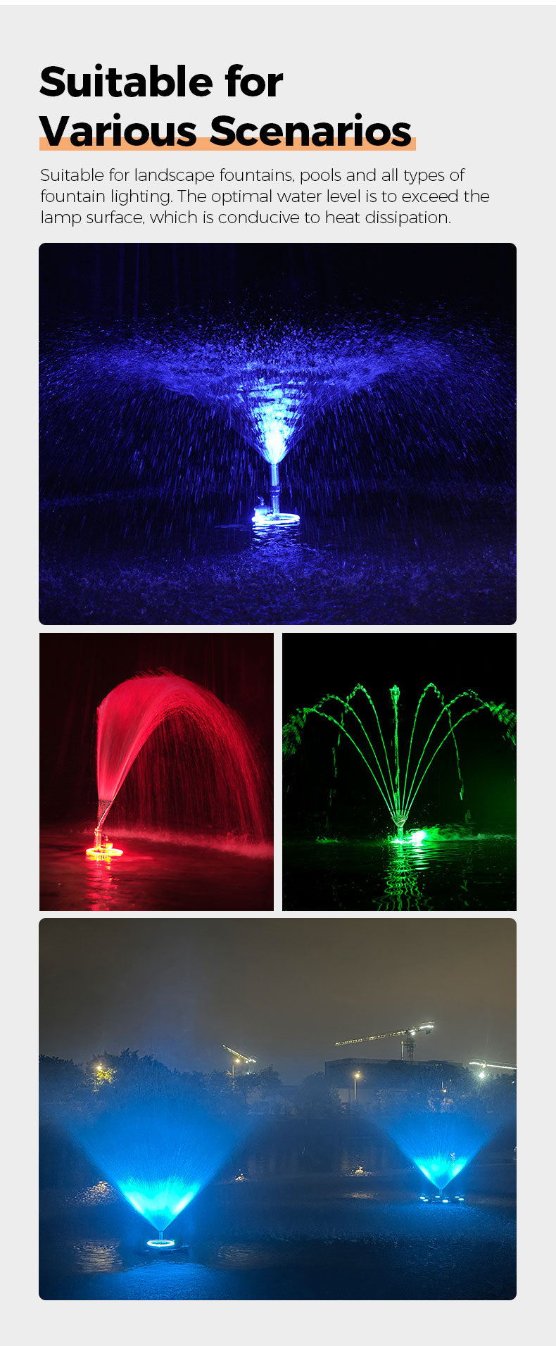 LED underwater light with various color effects on water surface