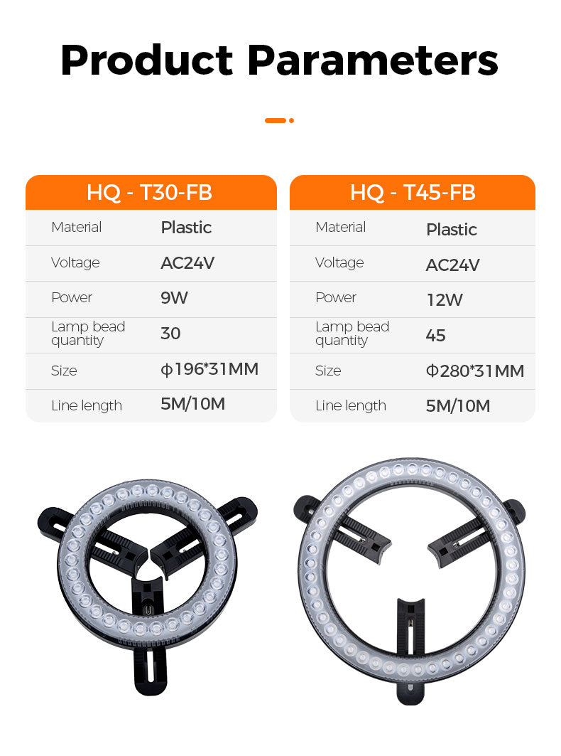 Product parameters table for two ring lights with different specifications.