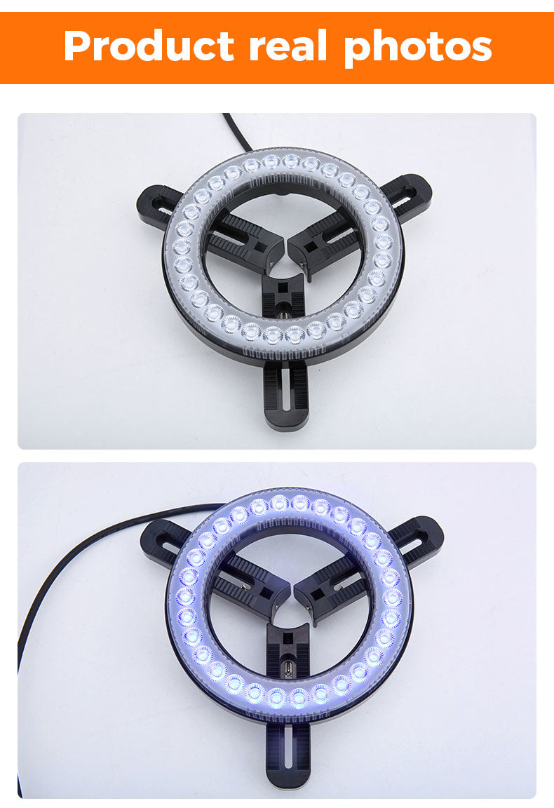 LED ring light with black base on a white background, showing two different color options.