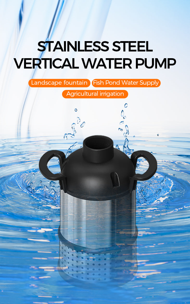 Stainless steel vertical water pump with water splashes on a blue background