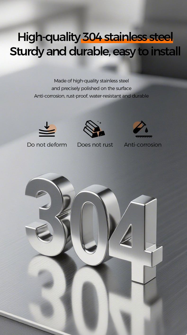 High-quality 304 stainless steel product with text highlighting its properties on a reflective surface.