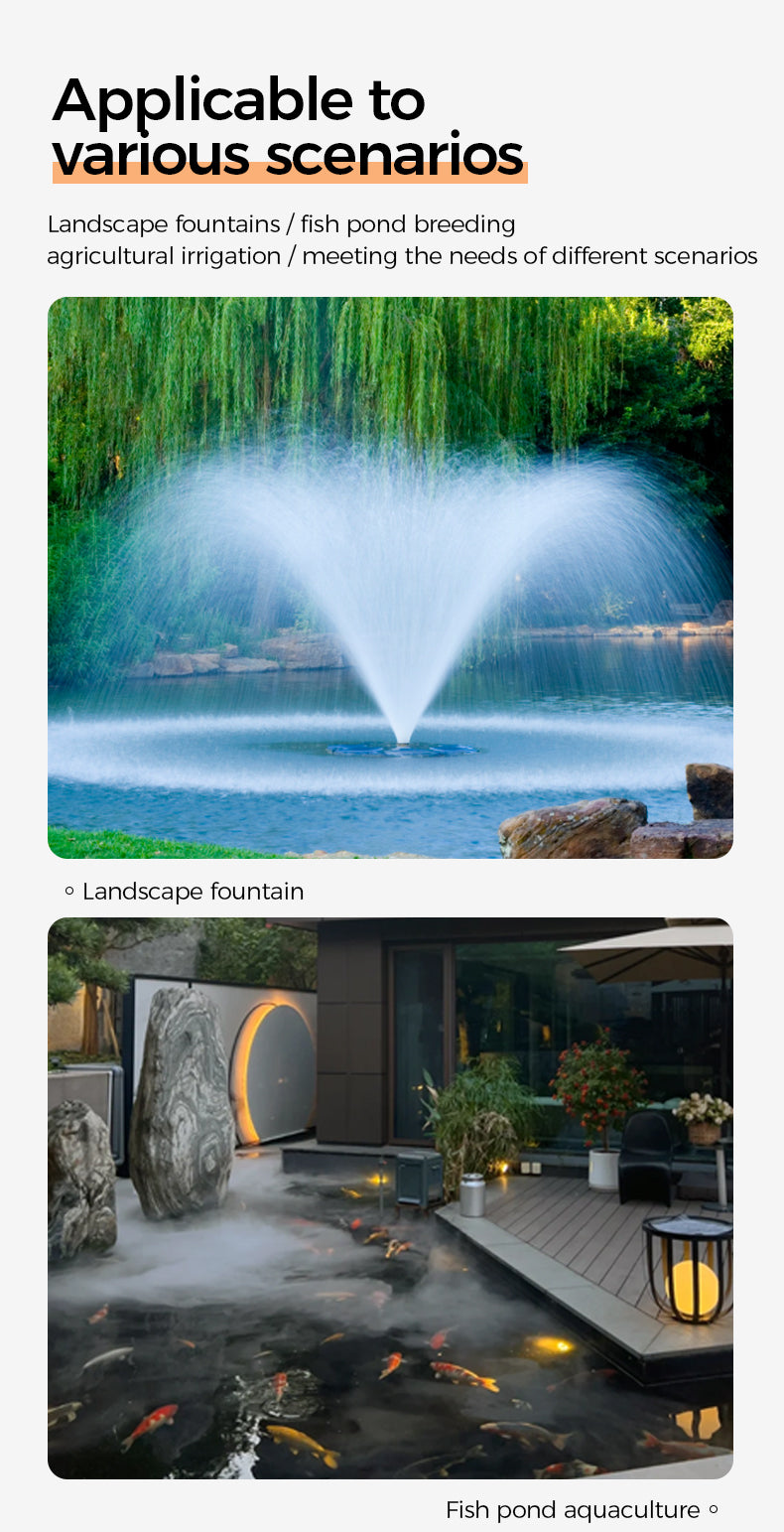 Landscape fountain and fish pond with text about various scenarios