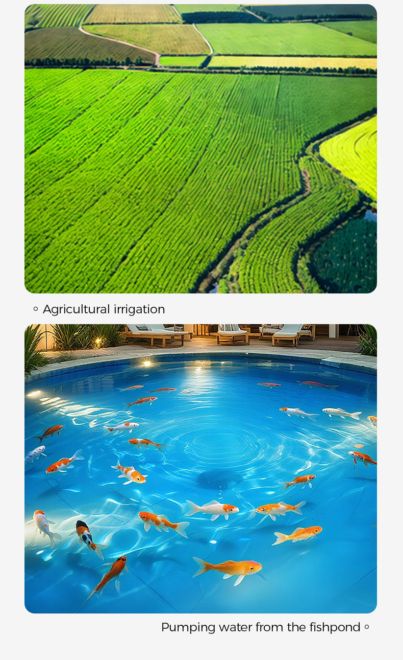 Top image: Aerial view of green agricultural fields with irrigation systems. Bottom image: Fish swimming in a pool with text 'Pumping water from the fishpond'.