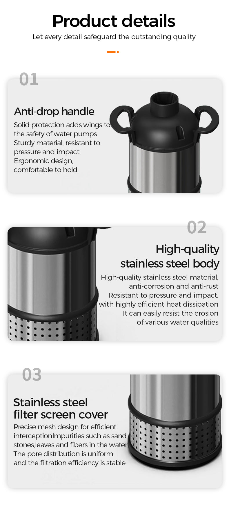 Product details of a water pump with features listed on a white background.