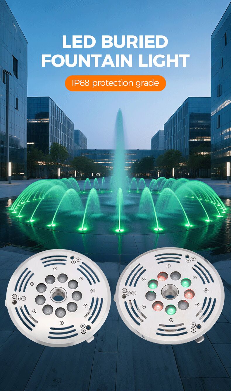 LED buried fountain light with IP68 protection grade in front of a fountain at night.
