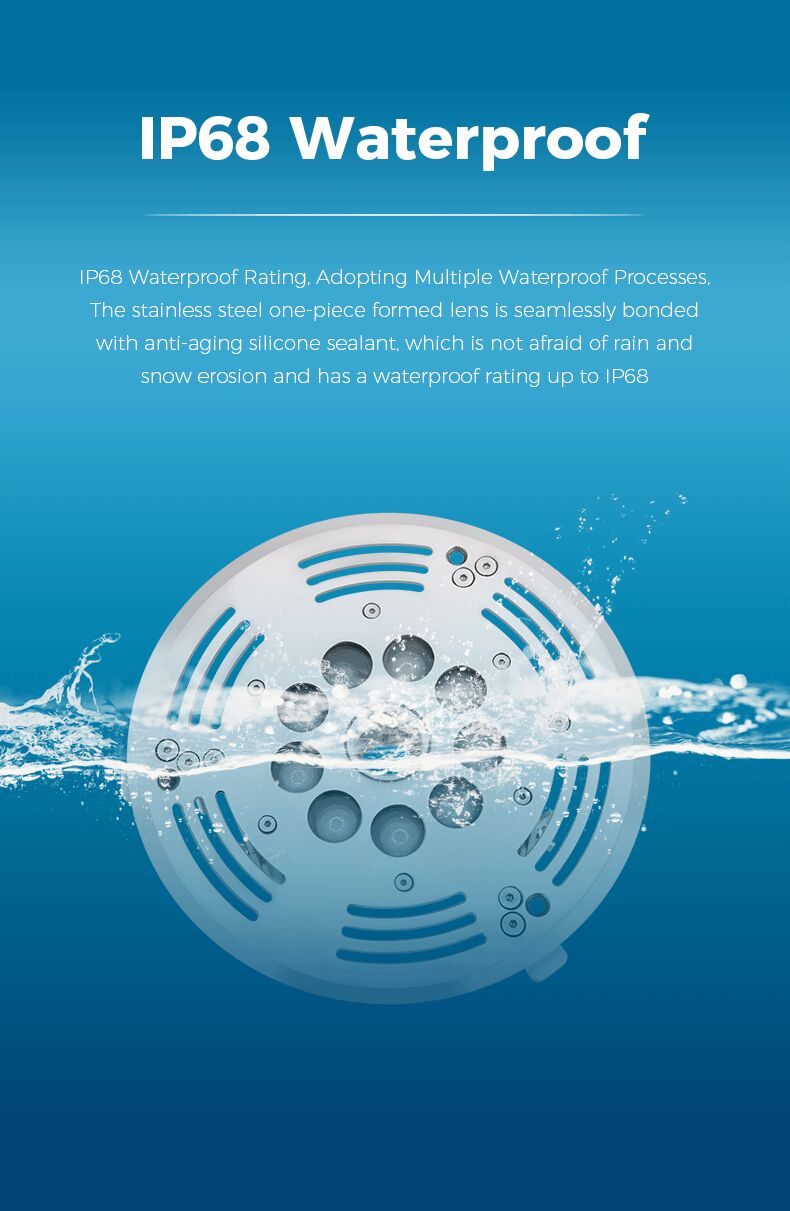IP68 waterproof product with water splashes on a blue background