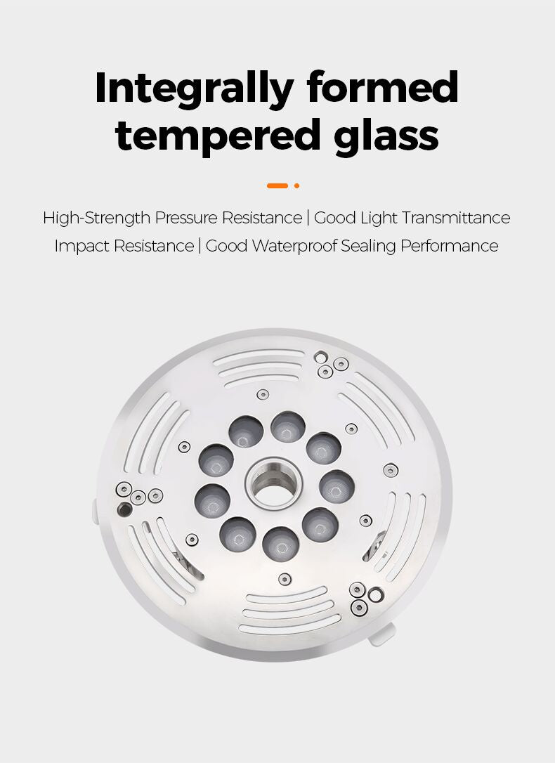 White circular device with a grid pattern on a light gray background, featuring text about tempered glass.