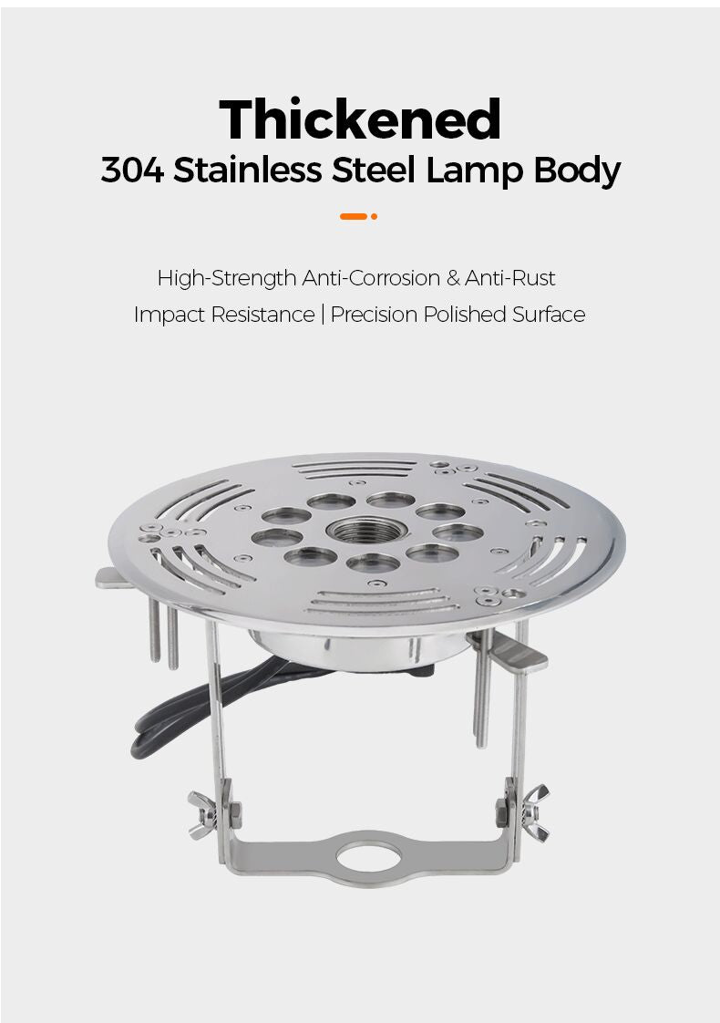 Thickened 304 Stainless Steel Lamp Body on a white background with text highlighting features.
