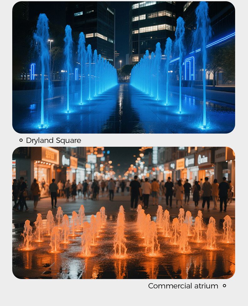 Fountains with blue and orange lights in a cityscape at night.