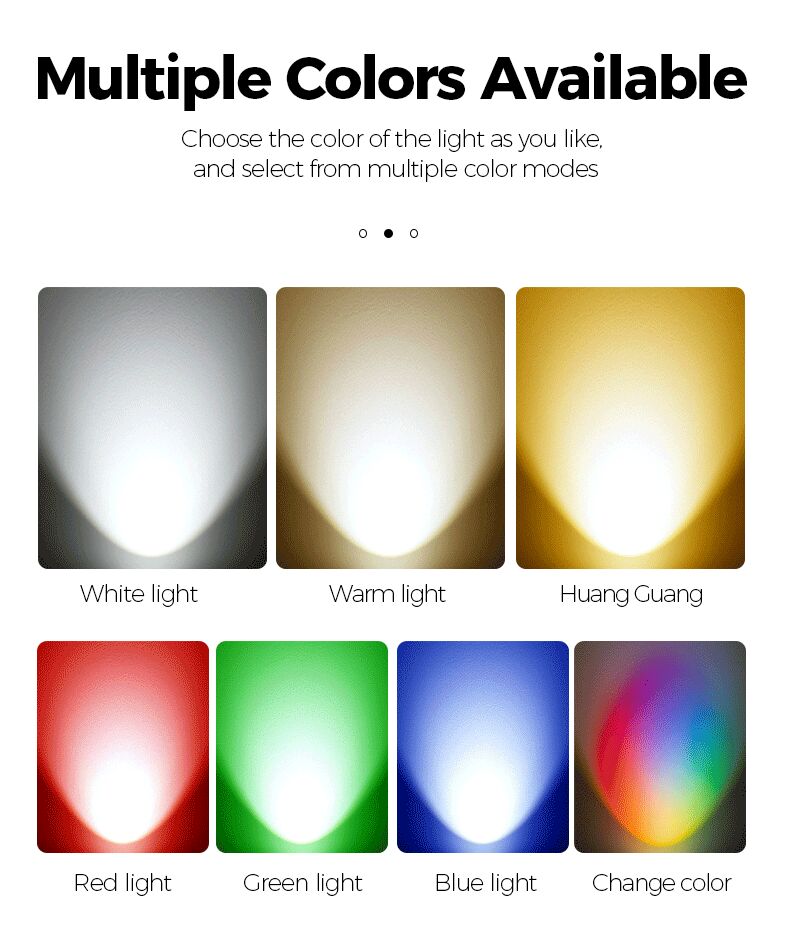 Color selection options for light with labels for white, warm, Huang Guang, red, green, blue, and a rainbow option.