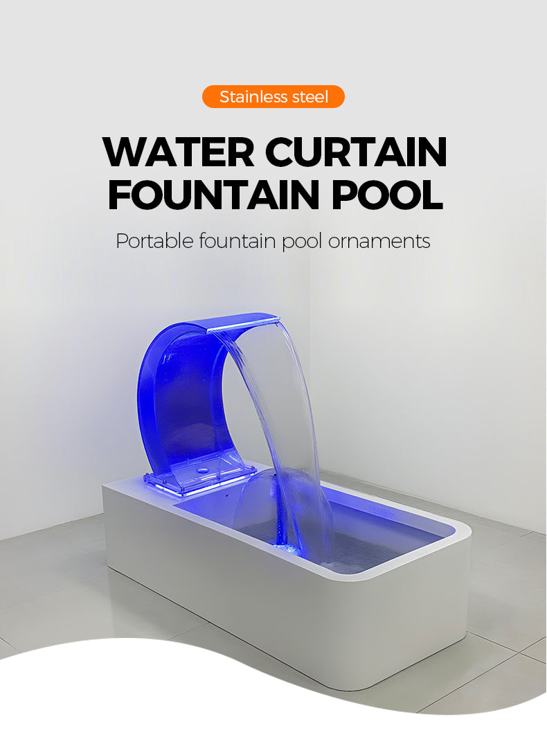 Water curtain fountain pool with blue water feature on a white background