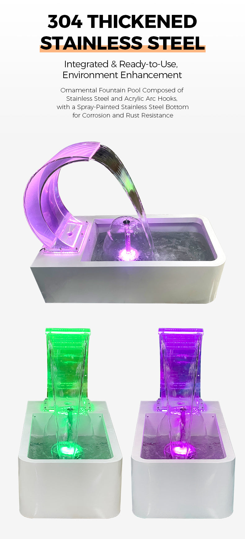 Two colorful water fountains with a white base, featuring text about thickened stainless steel.