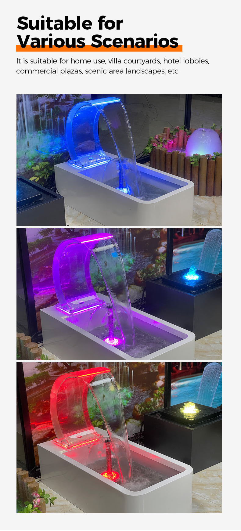 Futuristic water fountain with LED lighting in various settings