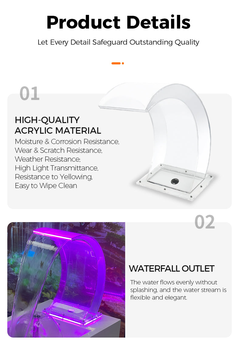 Product details of a water fountain with acrylic material and waterfall outlet features.