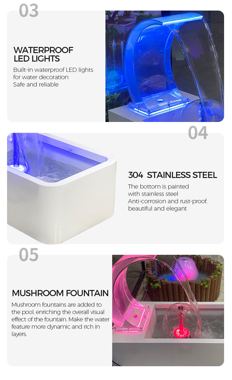 Product features including waterproof LED lights, 304 stainless steel, and mushroom fountain design on a white background.