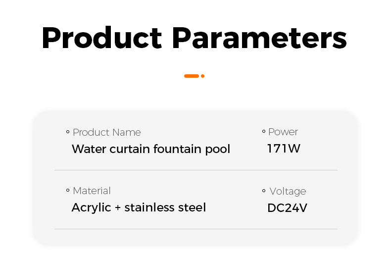 Product parameters of a water curtain fountain pool on a white background
