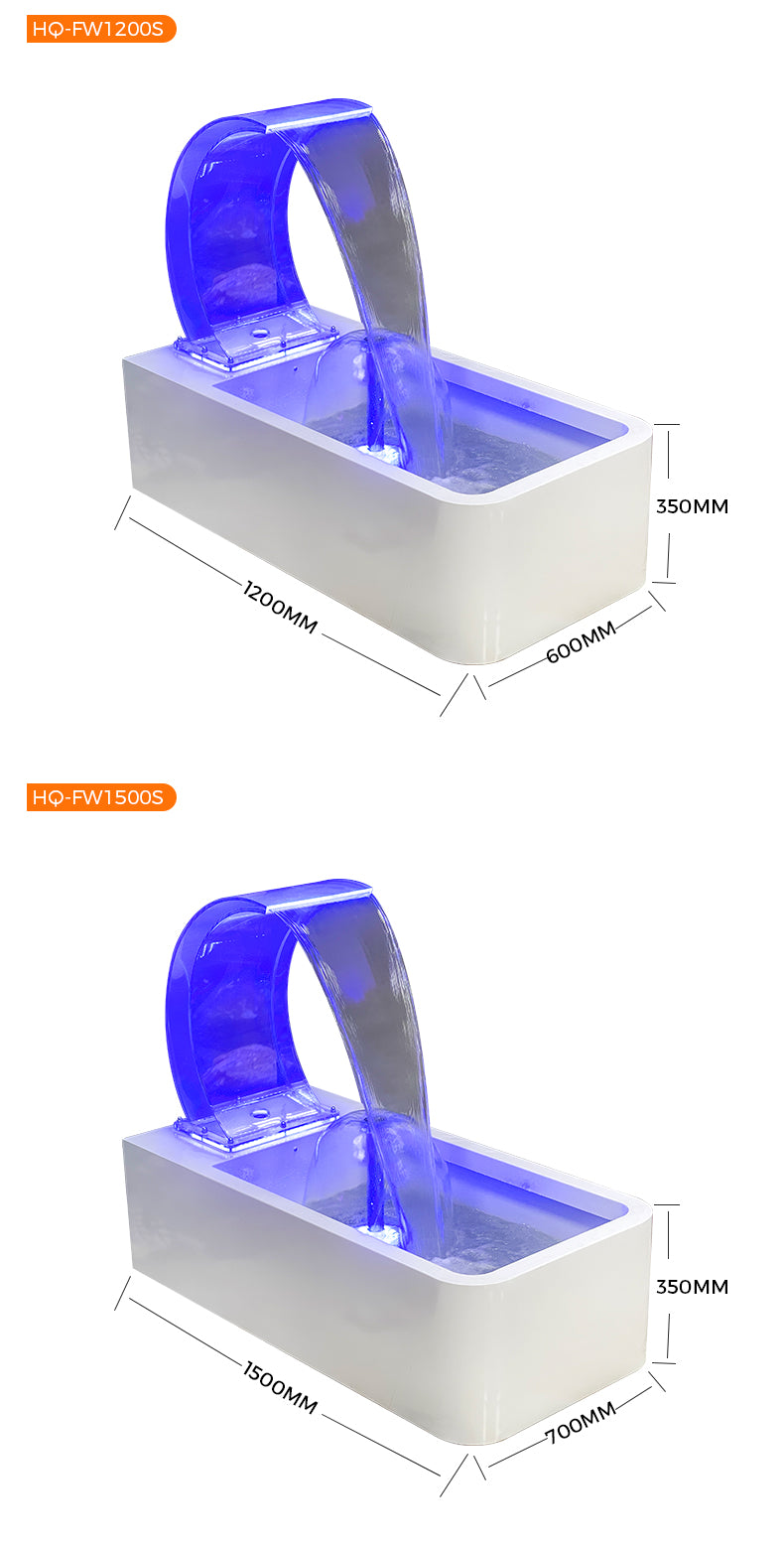 White pet water bowl with blue light feature and dimensions on a white background