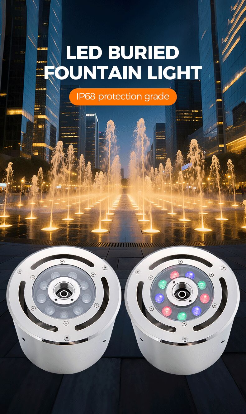 LED buried fountain light with colorful illumination in front of a cityscape with fountains.