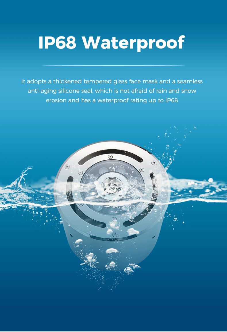 Waterproof face mask with water splashes on a blue background, featuring text about IP68 rating.