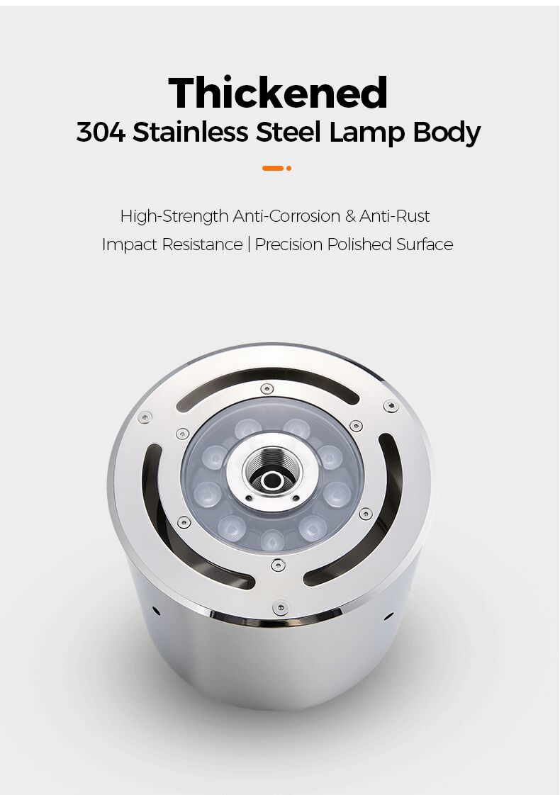 Stainless steel lamp body with text on a white background