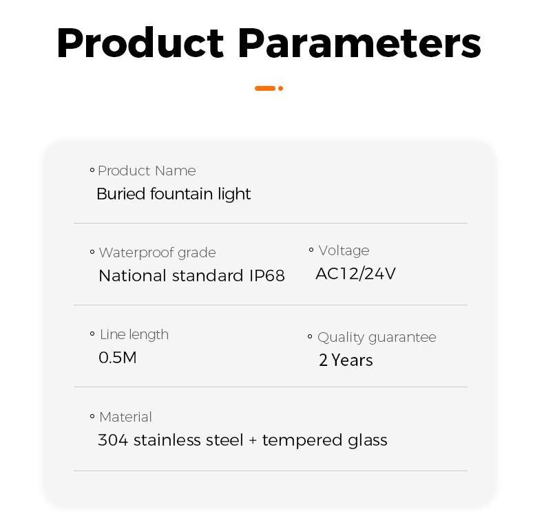 Product parameters of a buried fountain light on a white background