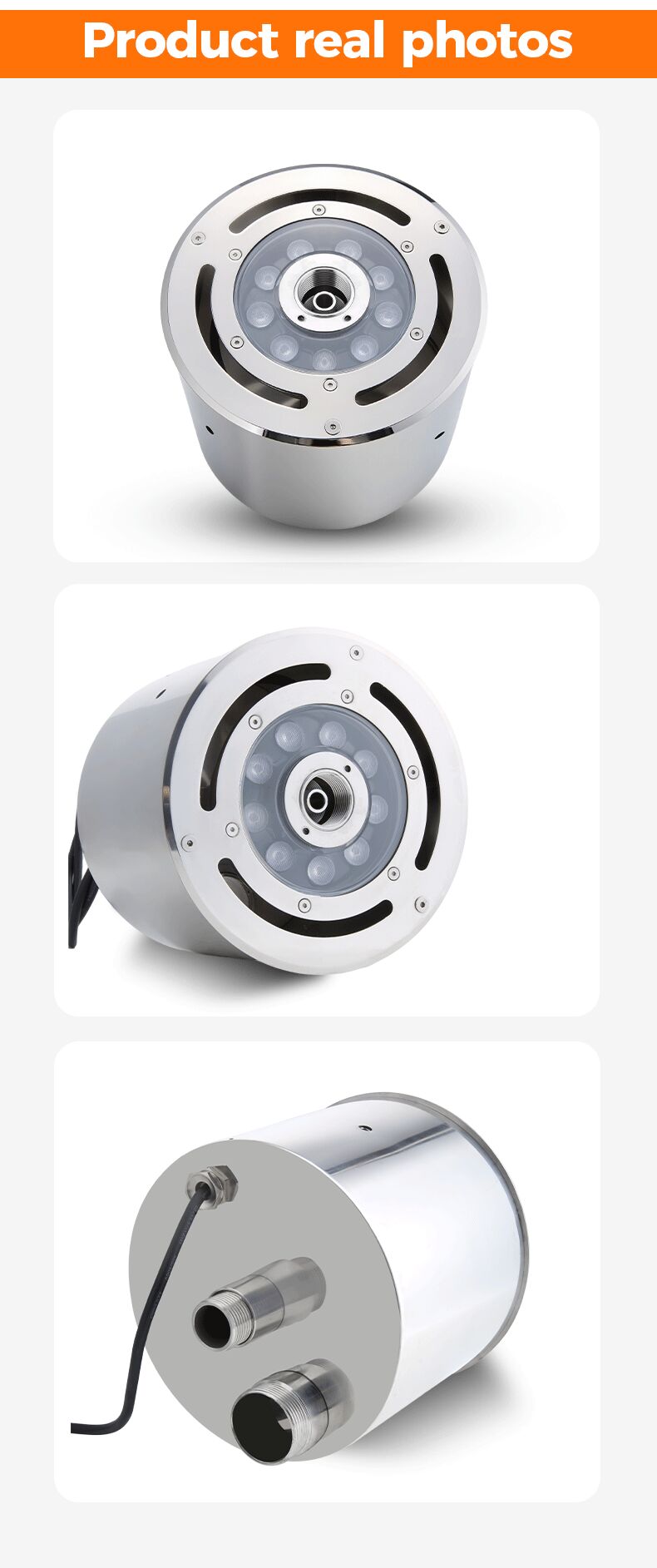 Three cylindrical electronic components on a white background with 'Product real photos' text at the top.