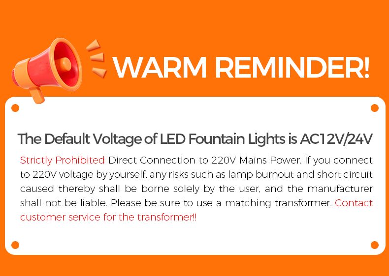 Orange warning label with text about LED fountain lights voltage requirements