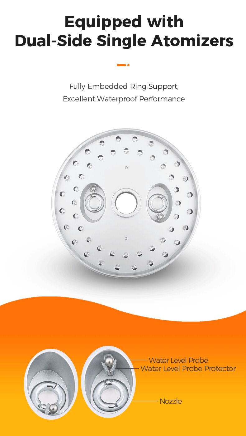 Shower head with dual-side single atomizers on a white background
