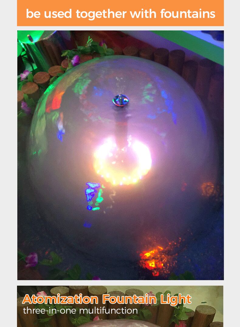 Multicolored fountain light with text indicating it can be used with fountains.