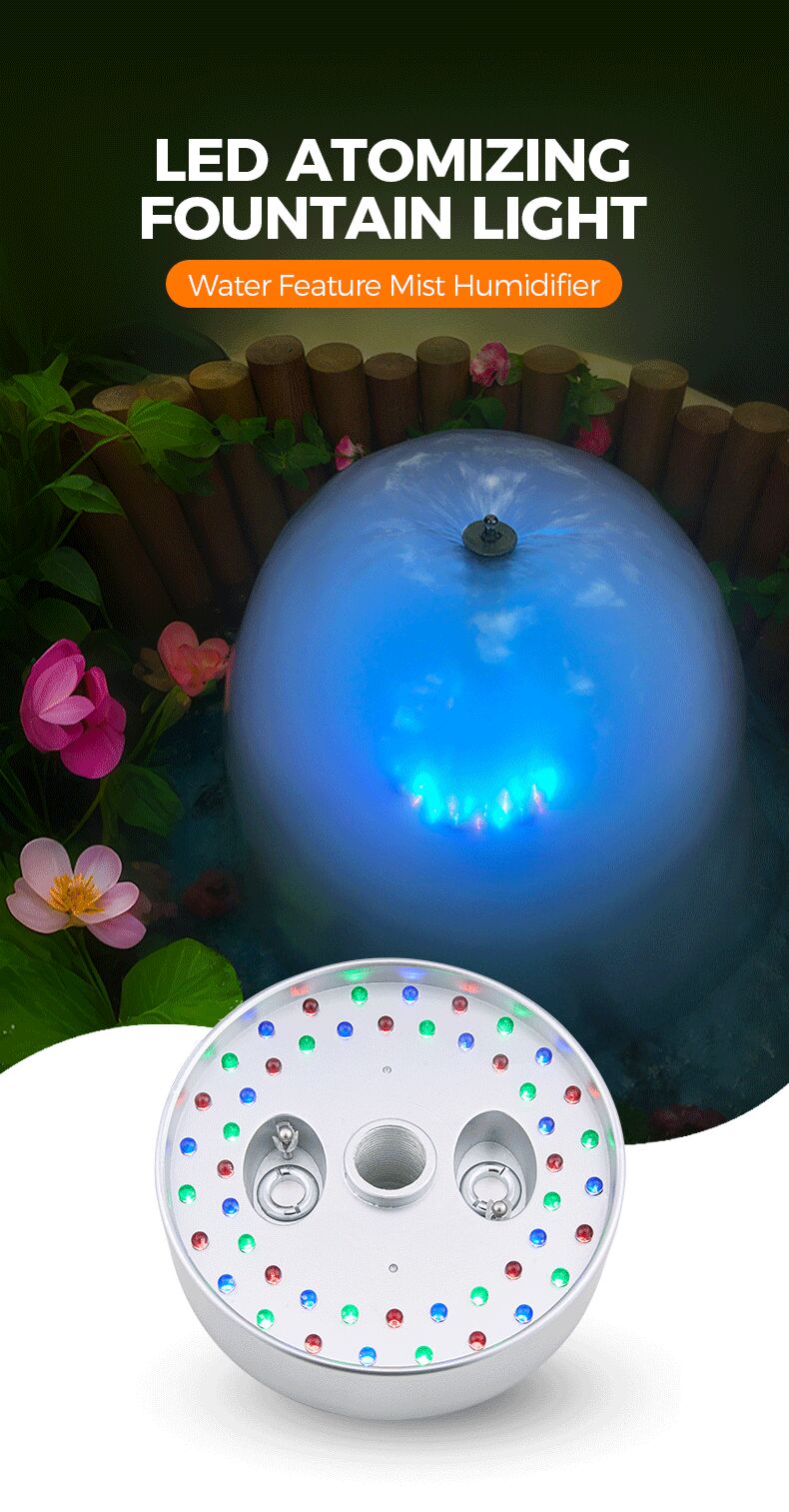 LED atomizing fountain light with water feature mist humidifier on a dark background
