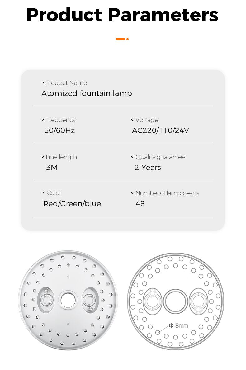 Product parameters of an atomized fountain lamp with specifications and images.