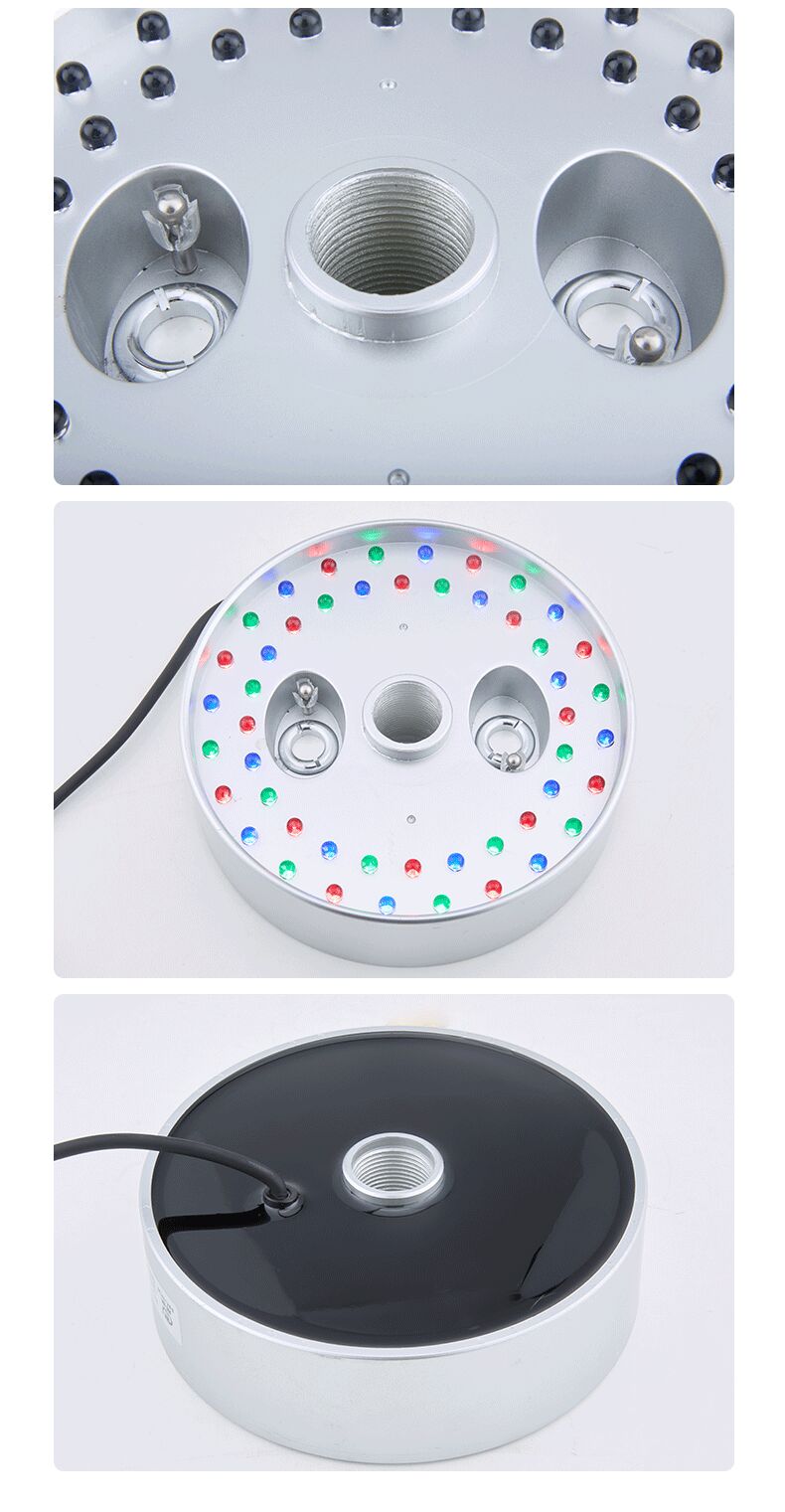 Close-up of a circular component with multiple holes and a LED light disc on a white background.