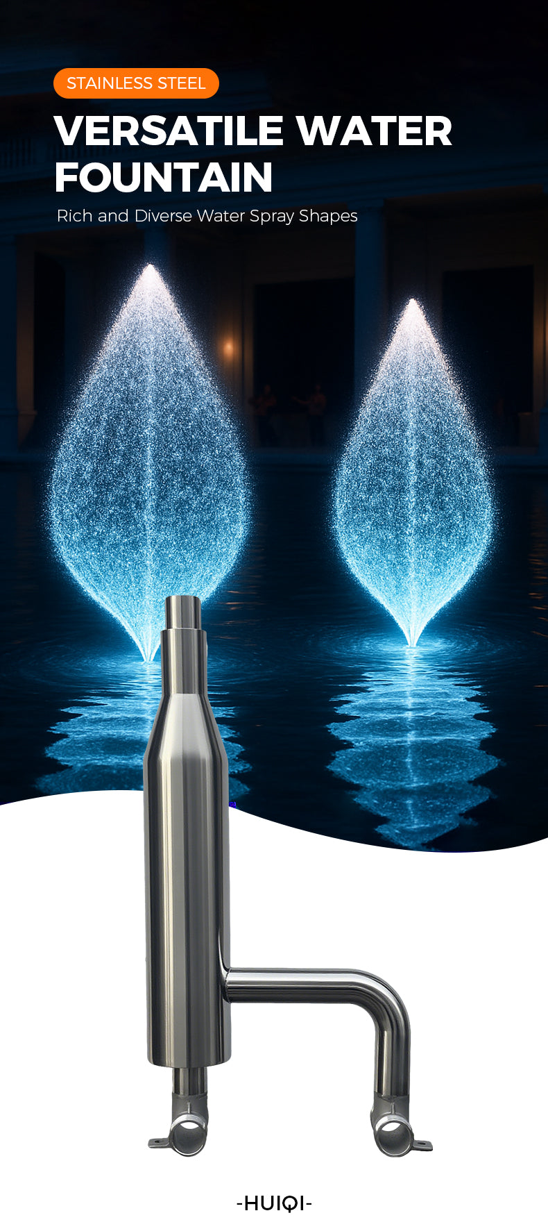 Stainless steel water fountain with water spray shapes on a dark background