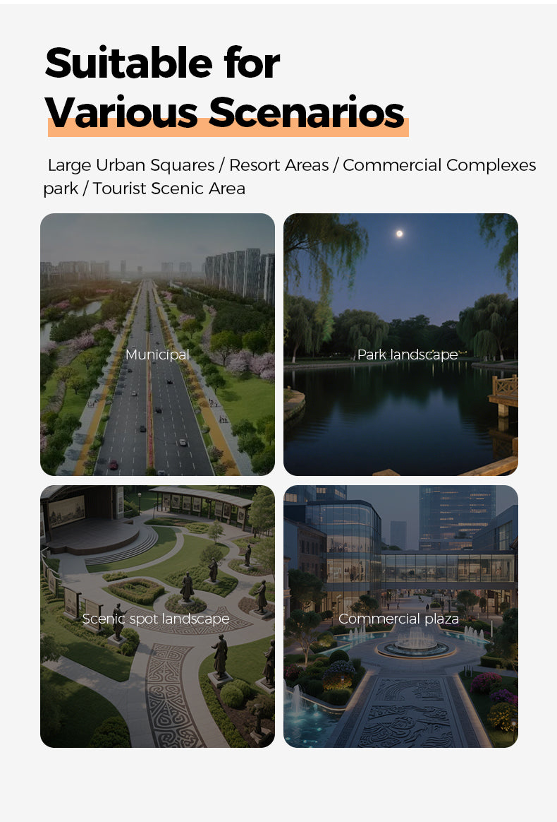 Collage of urban and park landscapes suitable for various scenarios including large urban squares, resort areas, commercial complexes, parks, scenic spots, and commercial plazas.