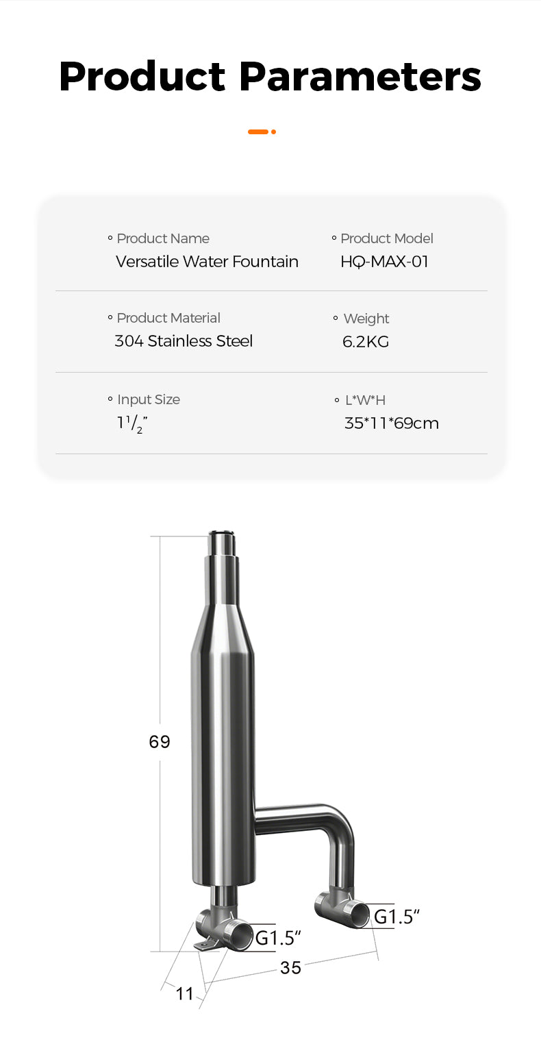 Product parameters of a versatile water fountain with material, weight, input size, and dimensions displayed.