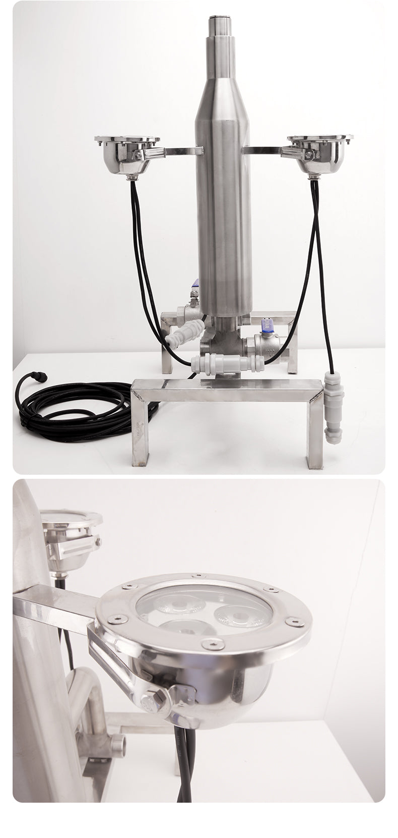 Stainless steel scientific apparatus on a white background