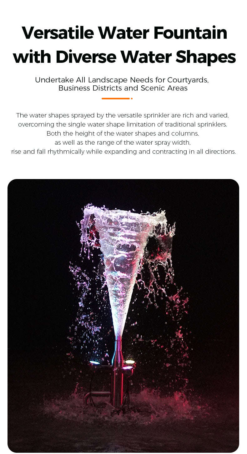 Versatile water fountain with diverse water shapes on a dark background