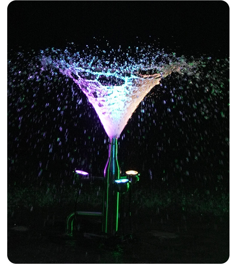 Futuristic cocktail glass with colorful light effects on a dark background